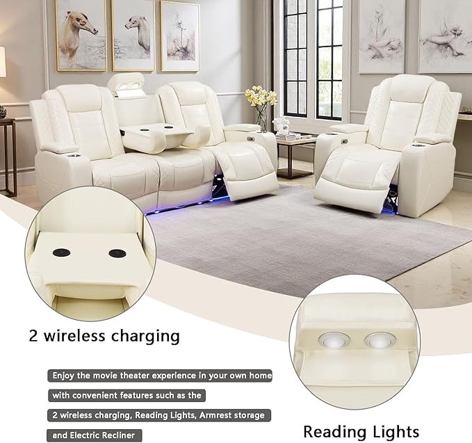 A Ainehome Power Leather Recliner Sofa Set with LED Lights, Reclining Sectional Sofa and Loveseat with USB Port/Storage Console (Creamy White, Sofa+Chair)