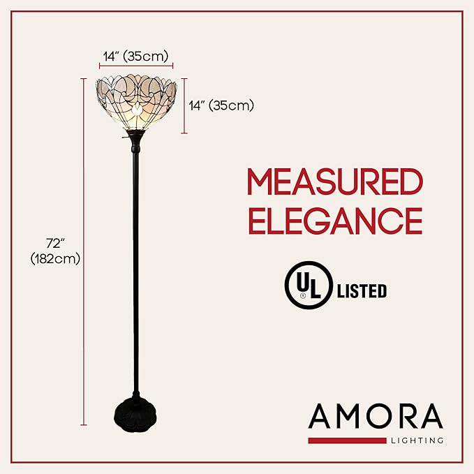 Amora Tiffany Floor Lamp Torchiere - Stained Glass Lamp 72” in White Mahogany - Custom Handcrafted Floor Lamps for Living Room