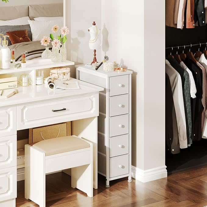 Narrow Dresser, 19" Wide Narrow Nightstand Dresser Storage Tower with 5 Drawers, Slim Fabric Dressers Chest of Drawers for Small Spaces, Wood Top & Fabric Bins for Bedroom Bathroom Closet (White)