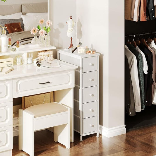 Narrow Dresser, 19" Wide Narrow Nightstand Dresser Storage Tower with 5 Drawers, Slim Fabric Dressers Chest of Drawers for Small Spaces, Wood Top & Fabric Bins for Bedroom Bathroom Closet (White)