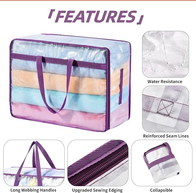 20 Gallon Large Clear Blanket Storage Bags for Bedding with Zipper Handles, 76L Oversized Comforter Storage Bag King Size, Folding Plastic Bedding Storage for Clothes, Bed Sheet, Pillow, Toys, 4Pack