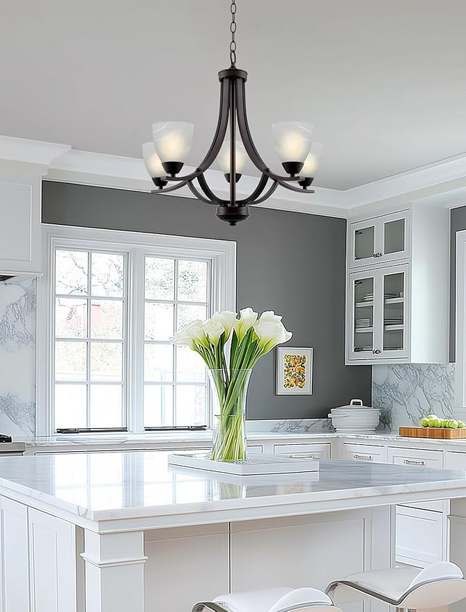 Kira Home Weston 24" Contemporary 5-Light Large Chandelier + Alabaster Glass Shades, Adjustable Chain, Oil Rubbed Bronze Finish