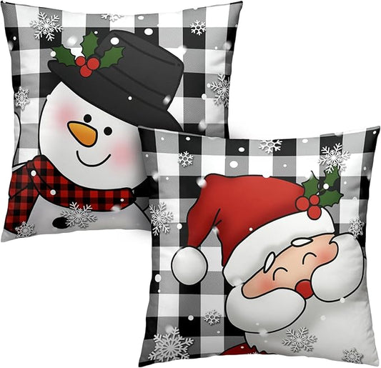 Santa Snowman Christmas Pillow Covers 22x22 Black and White Plaid Winter Throw Pillows Cases Warm Touch Xmas Decorative Cushion Cases for Indoor Bed Sofa in 2 Pcs