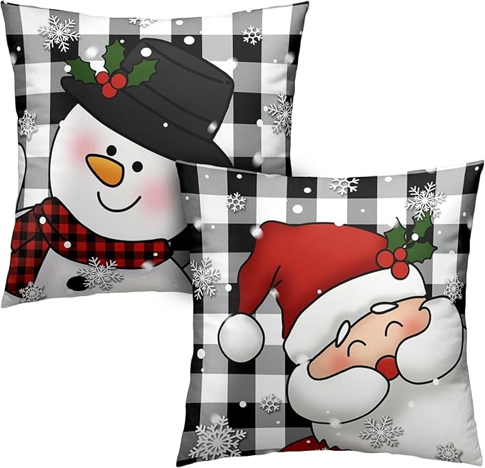 Plaid Christmas Decorations Black and White Pillow Covers 24x24 Set of 2 Santa Snowman Cushion Covers Winter Snowflakes Pillows Decorative Holiday Home Decor for Sofa Bed