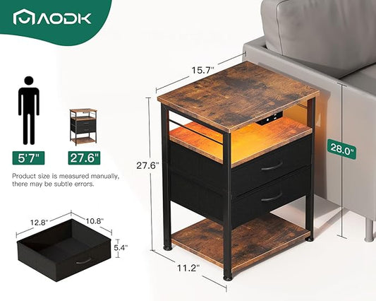AODK Night Stand with Charging Station and LED Lights, 27.6 Inch Bed Side Table with 2 Drawers and Open Shelf, Bedside Table for Bedroom, Living Room, Vintage & Black
