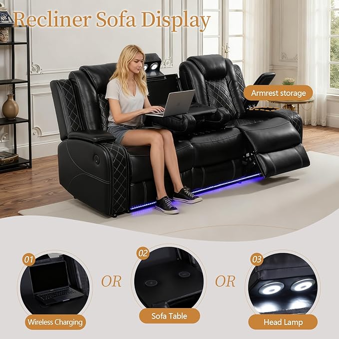 Power Leather Recliner Sofa Set with LED Light,Reclining Sofa and Chair Set with Coffee Table/USB Charger/Storage,Leather Couch for Living Room Furniture Sets(3+1 Seats,Black)