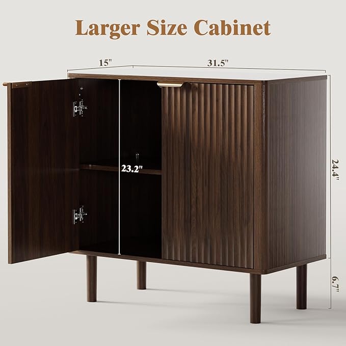 Sideboard Buffet Cabinet with Storage, Modern Fluted Accent Credenza with Doors & Adjustable Shelves, Wood Coffee Bar Console Table for Living Room, Dining Room, Kitchen, Entryway 31.5"Walnut
