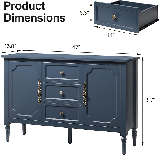 RoyalCraft Buffet Cabinet with 3 Drawers & 2 Doors, Vintage Sideboard with Storage, Mid Century Modern Painted Coffee Bar Table for Entryway, Living Room, Dining Room, Blue
