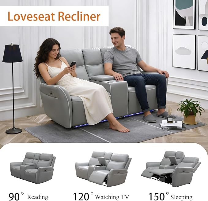 2 Piece Power Recliner Sofa for Living Room, Breathing Leather Reclining Couch and Loveseat Set with LED Lighting, Cup Holders, Storage Console&USB Port for Home Theater Seating (Light Grey)