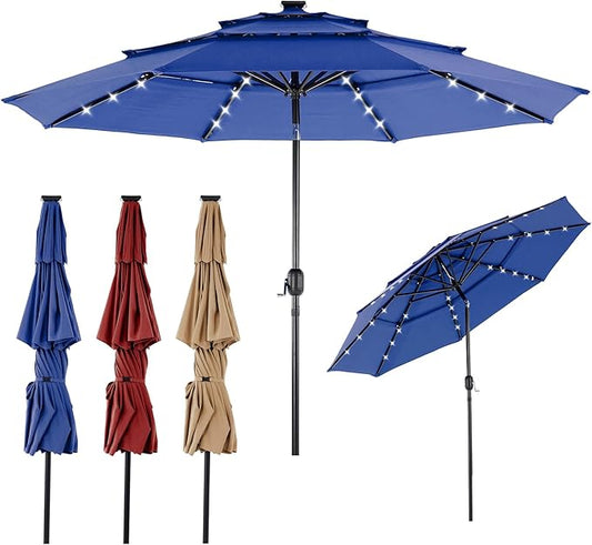 DUMOS 10FT 3 Tier Patio Umbrella with 32 LED Lights, 8 Ribs Outdoor Table Umbrella with Crank, Waterproof Market Umbrella for Pool, Beach, Terrace and Outdoor Restaurant, Navy Blue