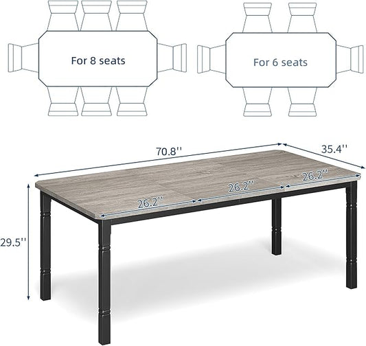 Garvee Large Dining Table for 6-8 People, 71" Wooden Kitchen Table with Sturdy Metal Frame, Dining Room Table for Dining Room, Kitchen, Black Leg & Grey