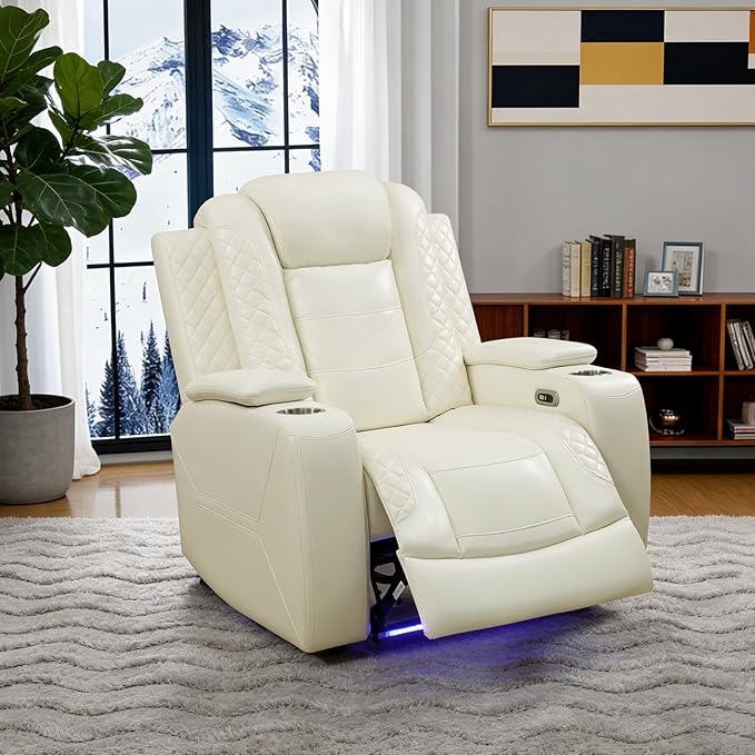 Power Reclining Sofa Set for Living Room, Leather Recliner Chair with Arm Cup Holders, Arm Storage for House/Home Teather(Single Chair, Cream)