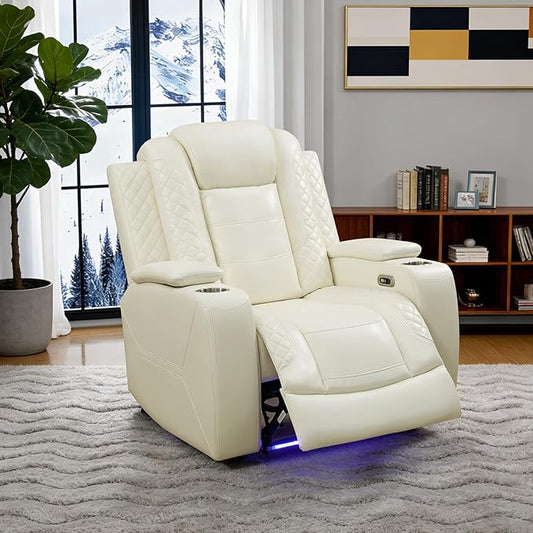 Power Reclining Sofa Set for Living Room, Leather Recliner Chair with Arm Cup Holders, Arm Storage for House/Home Teather(Single Chair, Cream)