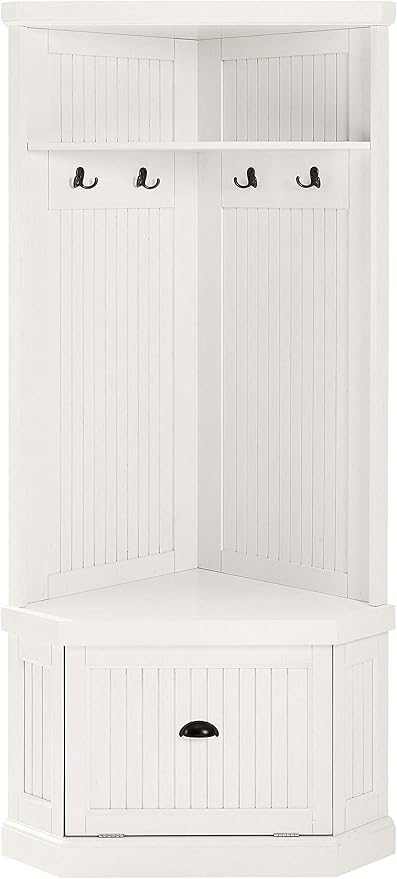 Crosley Furniture Seaside Corner Hall Tree with Shoe Rack Bench and Coat Hooks for Hanging Storage, Distressed White