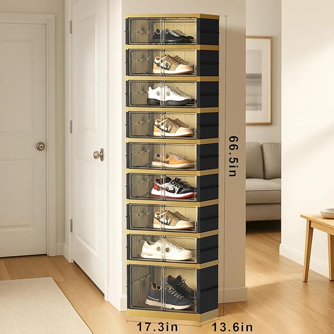 Portable Shoe Rack Organizer 9 Tiers 18 Pairs Collapsible Shoe Cabinet Foldable Shoe Storage Boxes Magnetic Doors, Folding Sneaker Organizer, Easy Assembly Shoe Shelf for Closet, Black Gold