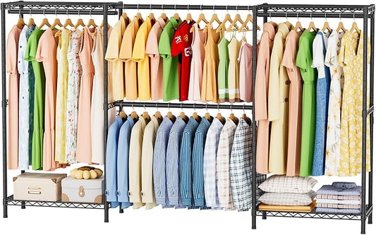 SINGAYE Clothes Rack Portable Closet Coat Wardrobe Heavy Duty Clothing Racks System Organizers and Storage for Hanging Clothes Garment Rack Adjustable with Shelves 15.8" D*(77-88) W*76.5" H Black