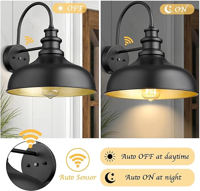 Bestshared Dusk to Dawn Outdoor Barn Light Anti-Rust Outdoor Wall Sconce Farmhouse Exterior Lighting Fixture Wall Lantern Lamp for Porch,Garage(Black+Gold, 2 Pack)
