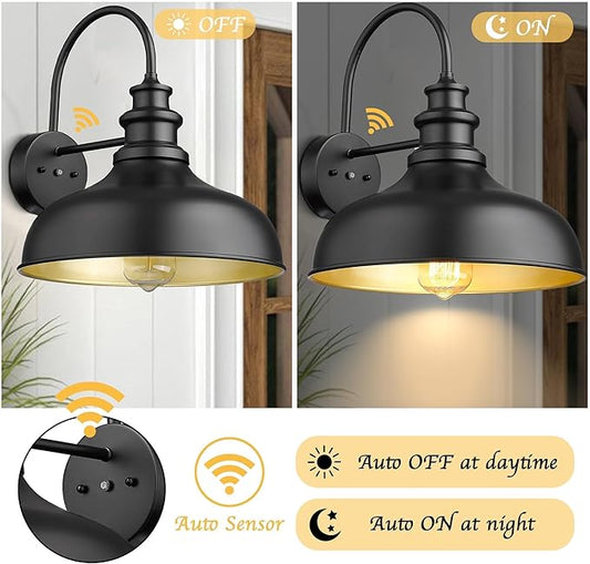 Bestshared Dusk to Dawn Outdoor Barn Light Anti-Rust Outdoor Wall Sconce Farmhouse Exterior Lighting Fixture Wall Lantern Lamp for Porch,Garage(Black+Gold, 2 Pack)