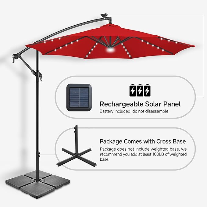 FLAME&SHADE 10ft Solar Cantilever Umbrella with 40 LED Lights, Lighted Large Offset Outdoor Patio Umbrellas, 8 Sturdy Ribs, UPF50+ UV Protection for Pool Deck Garden Yard, Red