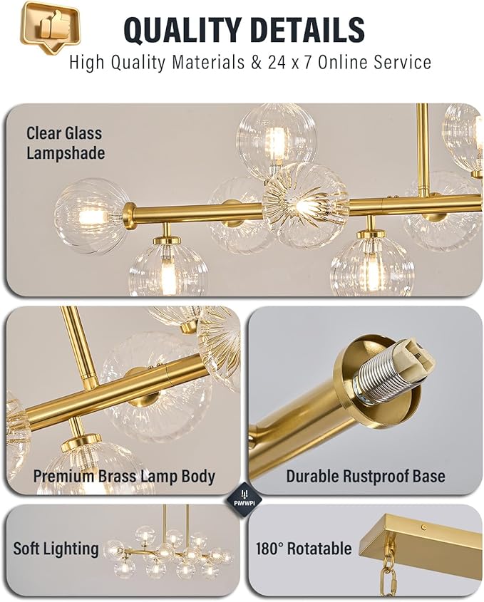 55" Long Brass Gold Chandeliers for Dining Room Kitchen Island, Large Globe Sputnik Linear Chandelier, 16 Lights Mid Century Modern Light Fixture Over Table, Clear Bubble, GC-08