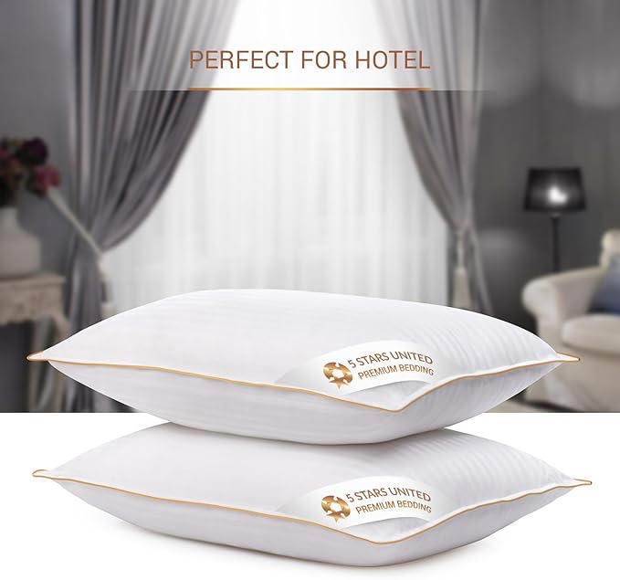 5 STARS UNITED Standard Size Pillows - Set of 2, 20x26, Super Soft Fiber Fill - Striped Satin Cotton Covers