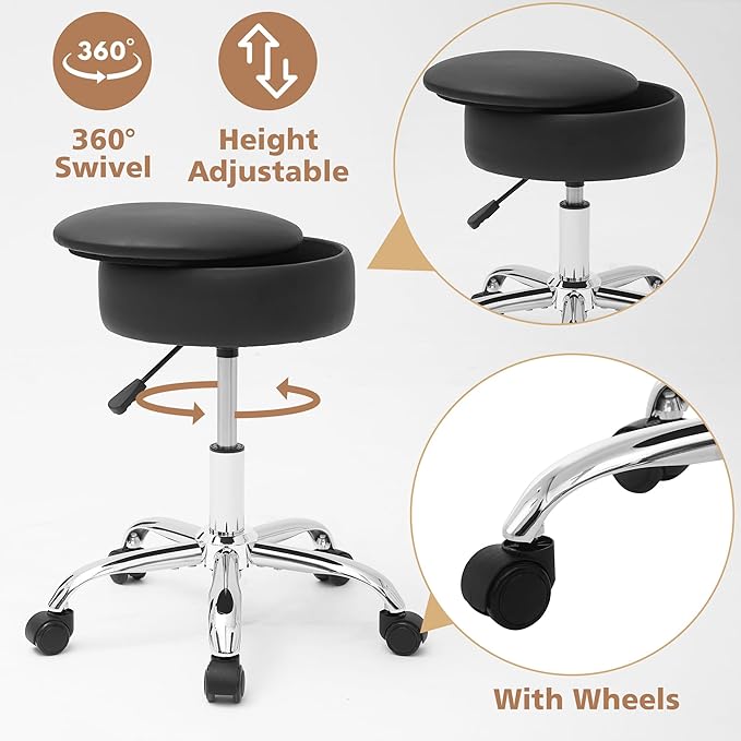 Adjustable Vanity Stool with Storage Rolling Vanity Chair with Wheels Swivel Vanity Stool Chair for Vanity Makeup Stool Black