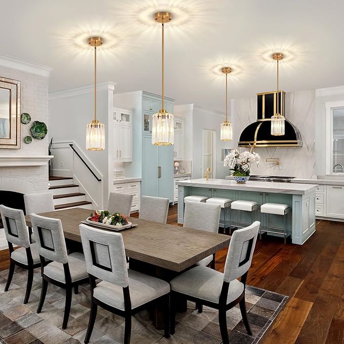 Gold Pendant Lights Kitchen Island, Modern Crystal Pendant Light Fixtures, Kitchen Hanging Lights Mini Chandelier Pendant Lighting for Island Dining Room Hallway Bedroom