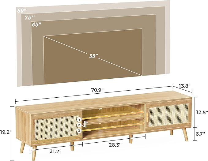 SUPERJARE 70.9 Inch Boho TV Stand for 75 Inch TV, Entertainment Center with Adjustable Shelf, Rattan TV Console with 2 Cabinets, Media Console, Solid Wood Feet, 4 Cord Holes, for Living Room, Natural