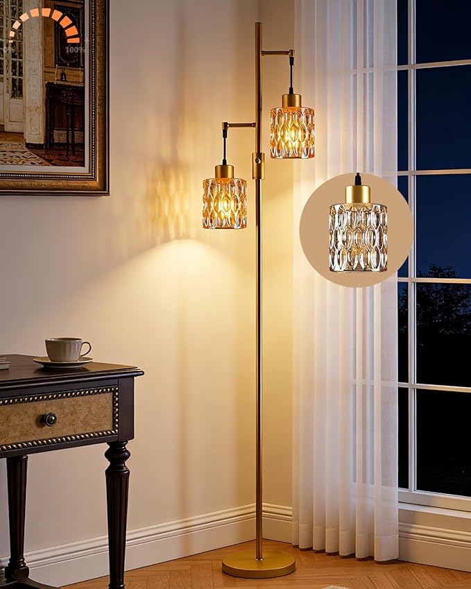 Lightdot 65IN Industrial Gold Floor Lamp for Living Room, 2- Light Dimmable Brown Glass Floor Lamps with 3000K Warm White Bulbs, Modern Farmhouse Tree Standing Tall Lamp for Bedroom Office Home Decor