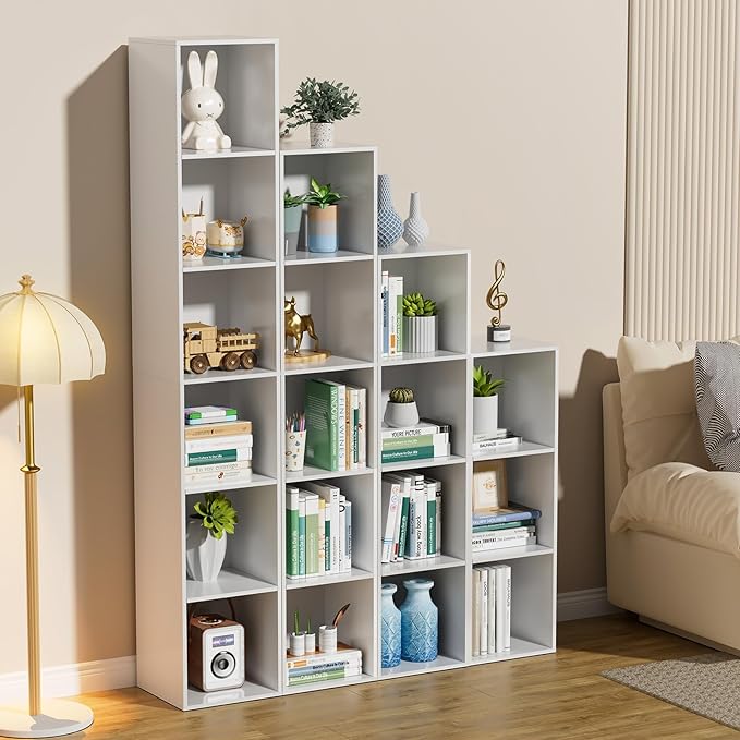 4 Tier Bookshelf, Freestanding Corner Storage Shelve Book Case for Narrow Space, 4 Cube Storage Organizer Small Bookcase for Home Office Living Room (White, 4 Cube)