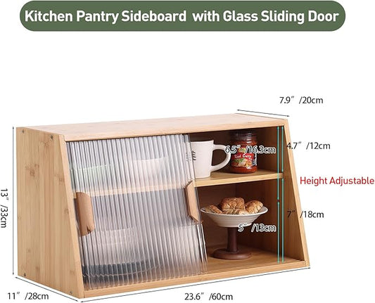 Wooden Countertop Storage, Small Bamboo Kitchen Pantry Sideboard with 2 Glass Sliding Door, Pantry Storage Cabinet for Kitchen, Living Room, Dinning Area and Bathroom, Wood