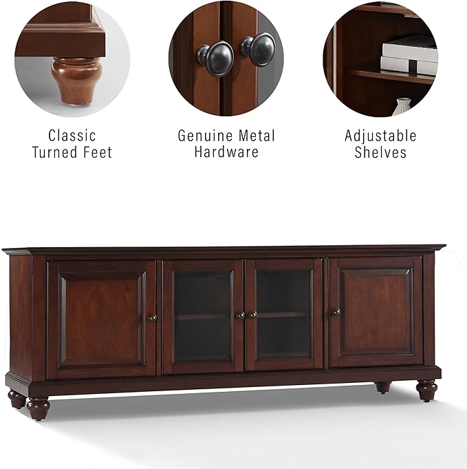 Crosley Furniture Cambridge Low Profile TV Stand for 65+ inch TVs, Entertainment Center with Storage Shelves, Vintage Mahogany
