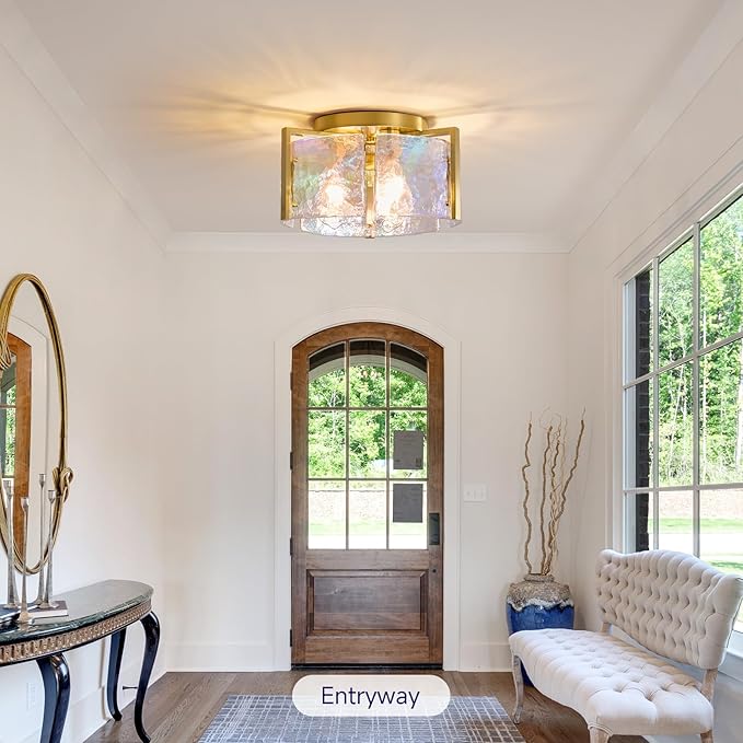 Gold Flush Mount Ceiling Light Fixture: 14.1'' Glass Semi Ceiling Light Fixtures - Mid Century Drum Kitchen Entryway Foyer Lighting - Modern Lights for Living,Dining Room Hallway Bathroom Bedroom