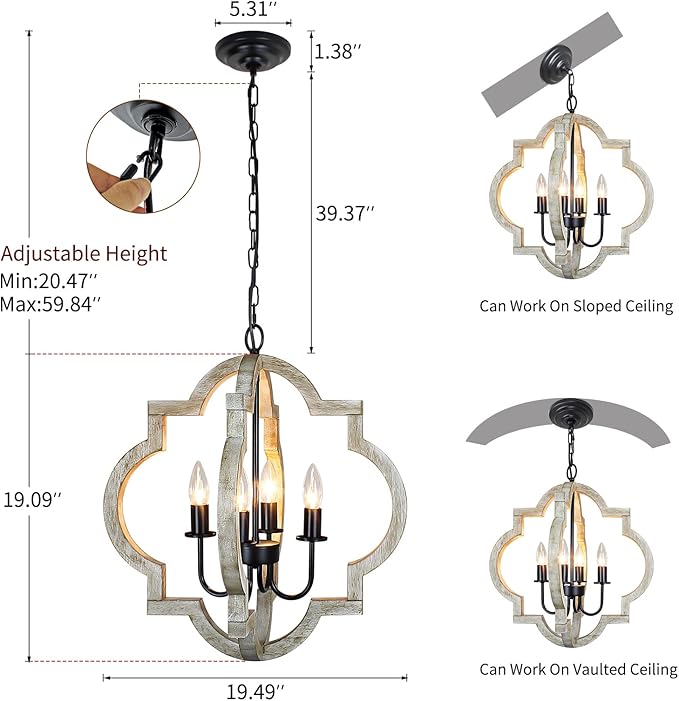 19.49'' Farmhouse Orb Chandelier, 4-Light Rustic Dining Room Light Fixture, Farmhouse Light Fixtures Adjustable Height, Hanging Pendant Lighting for Dining Room Kitchen Island Entryway Foyer