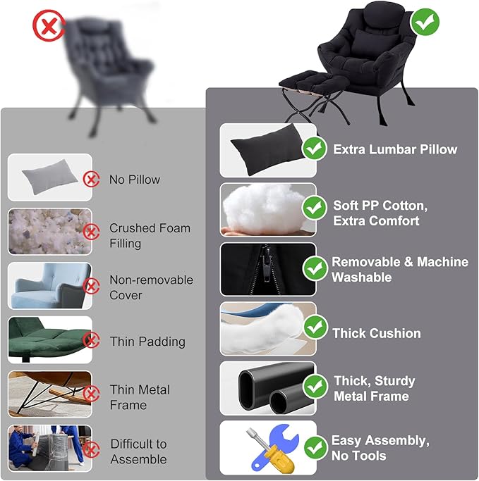 Lazy Chair with Ottoman, Modern Accent Chair with Lumbar Pillow, Black Sofa, Armchairs with Folding Footrest, Oversized Supportive Chairs for Bedroom, Reading
