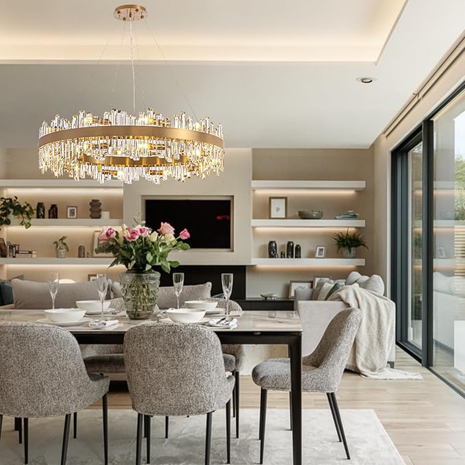 CROSSIO D39.4'' Large Crystal Chandelier, 20-Light Modern Gold 2-Tiers Crystal Raindrop Chandelier, Luxury Round Flush Mount Ceiling Light for Dining Living Room Kitchen Island Entryway Foyer
