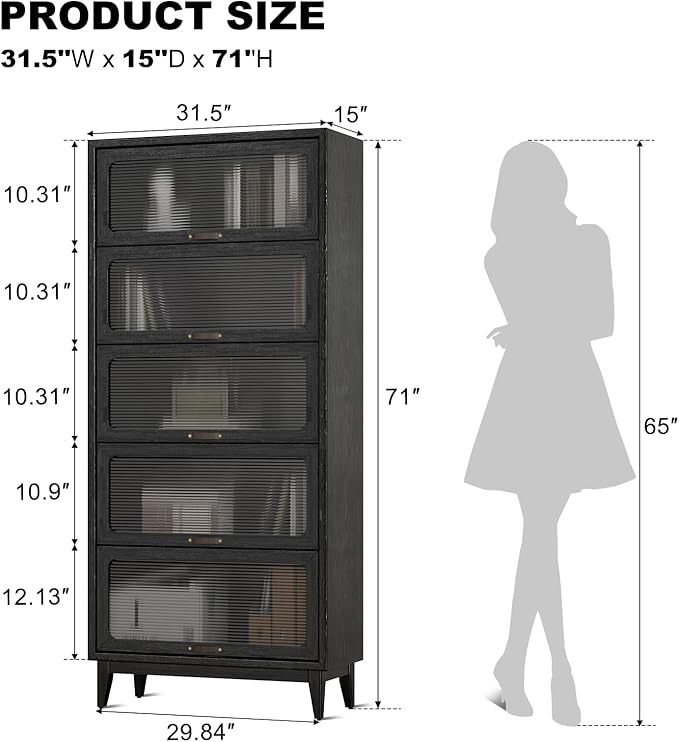 72'Hsolid Wood Bookcase,5 tir Tall Black Book case with Doors,Modern Bookshelf with Door for Kitchen,Freestanding Display Storage Shelves for Collectibles, Living Room Bedroom Home Office
