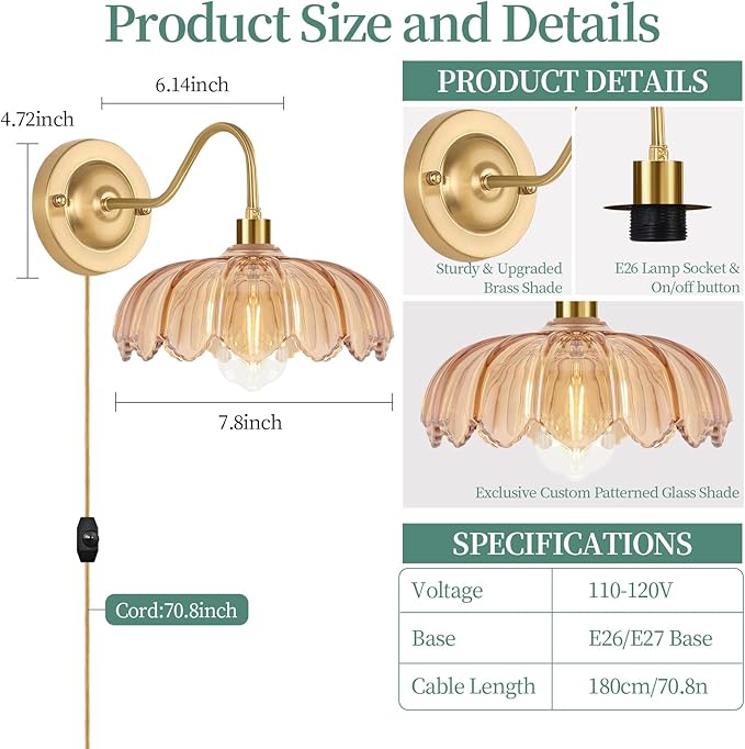 Vintage Plug in Wall Sconces Set of Two, Dimmable Wall Sconces Lamps with Flower Glass Lampshade & 3.6FT Plug in Cord, Gold Sconces Wall Decor Set of 2 Plug in Wall Lights Sconces for Bedroom