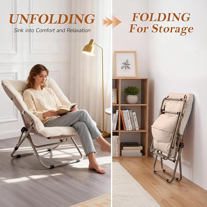 Saucer Chair, Comfy Bedroom Chairs, Oversized Folding Faux Fur Chair, Foldable Metal Frame Chair for Living Room, Balcony, Patio, Study, Playroom (Beige)