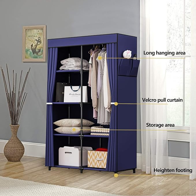 36 Inch Portable Wardrobe Closet Clothes Organizer with Metal Shelves and Dustproof Non-Woven Fabric (Blue)