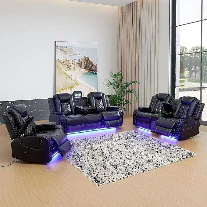 Power Recliner for Living Room, Air Leather Reclining Chair with LED/Storage, 1-Seater Reclining Furniture, Black Leather Couch for House/Apartment/Office