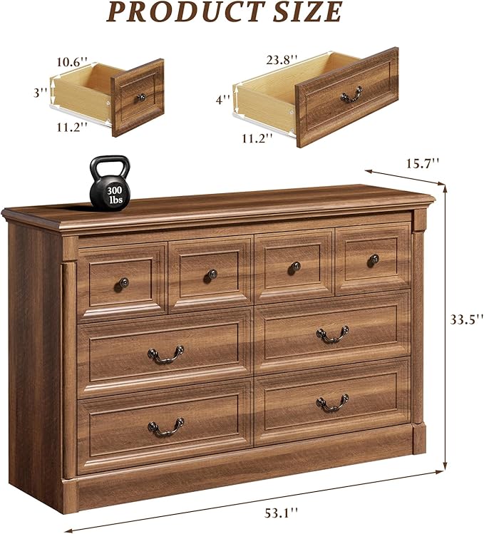 Concho Farmhouse 8 Drawers Dresser for Bedroom, 53'' Wide Wood Chest of Drawers with Spacious Deep Storage Space, Rustic Storage Dressers Organizer, TV Stand for Living Room, Bedroom, Rustic Brown