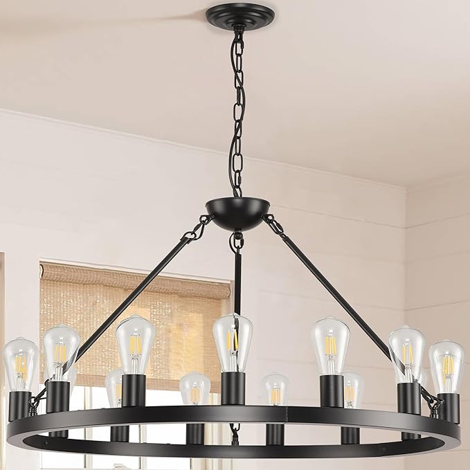 32 inch Black Wagon Wheel Chandelier 15-Light Farmhouse Round Wheel Chandeliers Hanging Light Fixture Outdoor Wagon Wheel Chandelier for Porch for High Ceilings Dining Room
