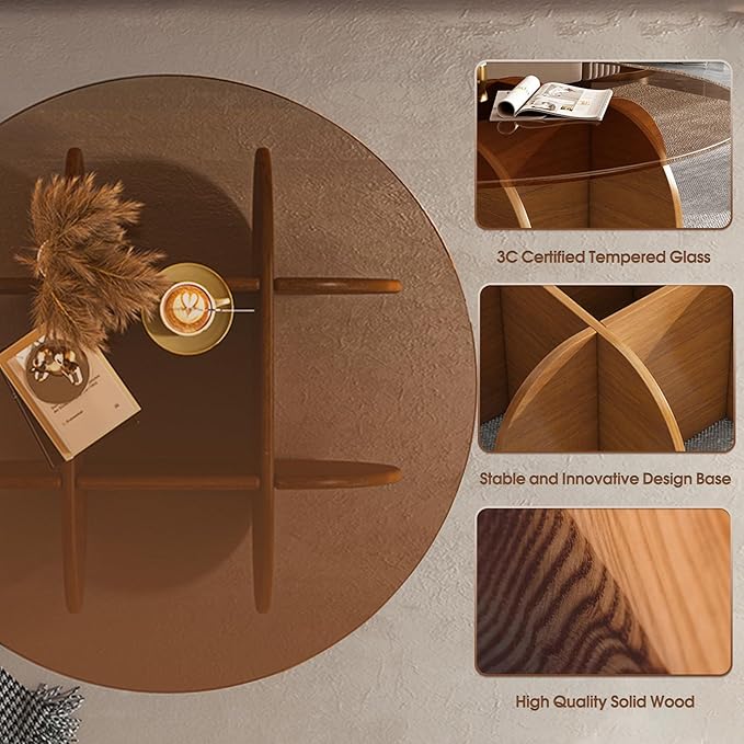 Modern Round Coffee Table with Solid Wood Legs,31.5'' Glass Coffee Tables for Living Room Rustic Circle Center Cocktail Table with Tempered Glass-Top,for Small Spaces, Unique | Modern, Living Room, Rustic, Center, Unique, Small Spaces