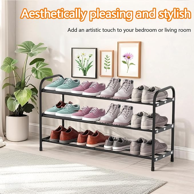 Expandable Shoe Rack, 3 Tier Adjustable Shoe Organizer Shelf for Closet,Slim Narrow Black Metal Free Standing Shoe Rack Storage for Small Space, Entryway, Hallway