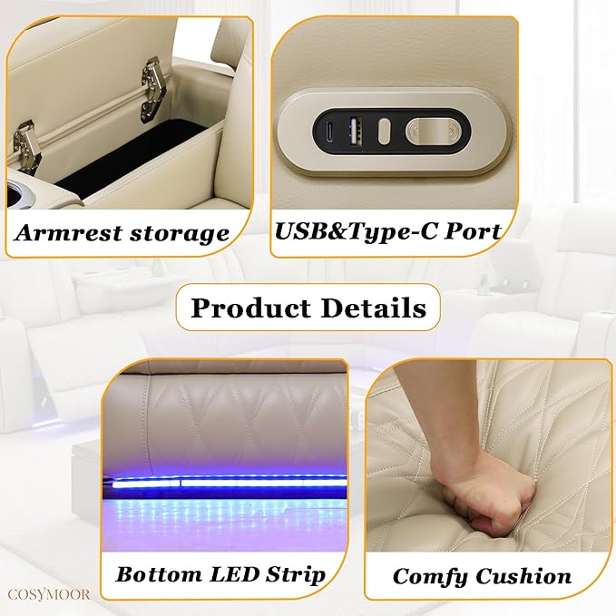 Power Recliner Sectional Sofa Set with LED, Breathing Leather Reclining Sectional Corner Couch & Chair, L-Shaped Home Theater Seating with Charging/Storage for Living Room