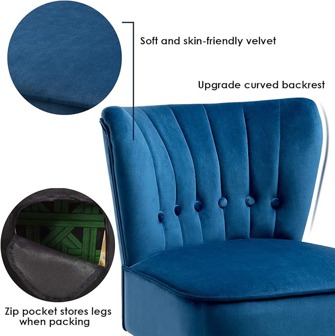 Giantex Set of 2 Modern Velvet Accent Chair, Small Upholstered Leisure Sofa Chair w/Wood Legs, Thickly Padded and Button Tufted, Armless Wingback Club Chairs for Living Room Bedroom Furniture, Blue
