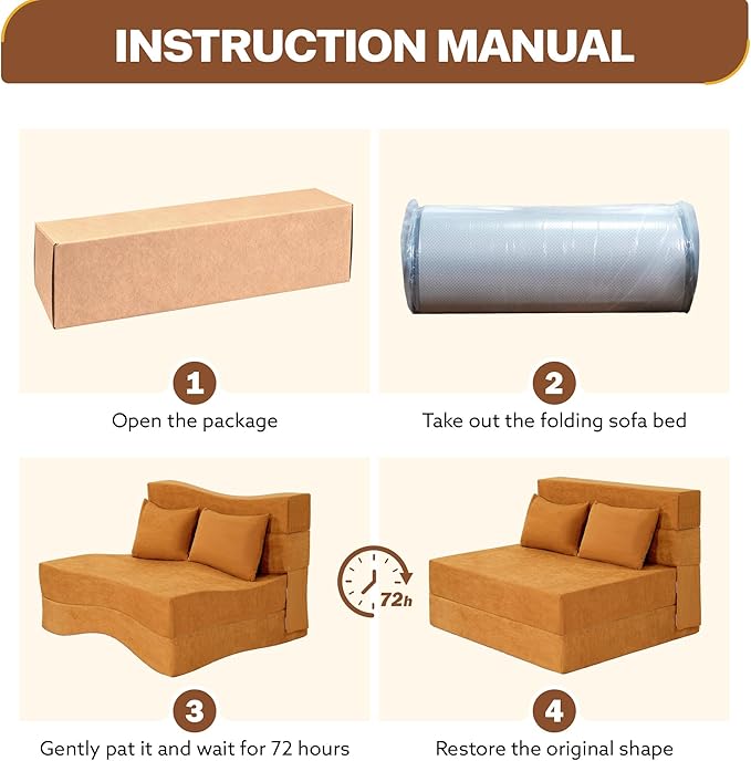 Fvkind Folding Sofa Bed, 4 in 1 Convertible Sleeper Sofa Bed Chair with Pillow, Twin Memory Foam Loveseat Futon Sleeper Chair, Foldable Futon Couch for Living Room, Bedroom, Guest Room, Yellow