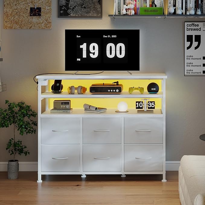DUMOS TV Stand for Up to 45 inch TV, Wood Top TV Media Console Table with 6 Fabric Drawers, 2 Shelves, Entertainment Center with LED Lights & Charging Station for Living Room, Hallway, White
