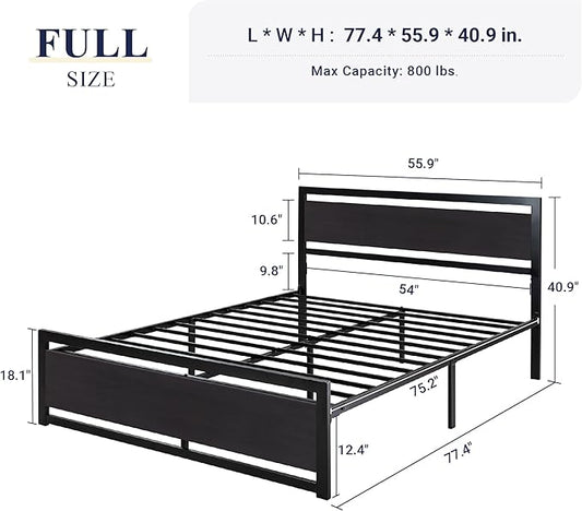 Allewie Full Bed Frame with Headboard, Heavy Duty Metal Platform Base with Strong Support, Underneath Storage Space, Stable Mattress Foundation, No Box Spring Needed, Black